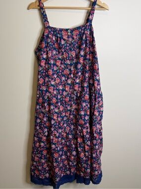 April Cornell Navy Floral Midi Dress with Pink Roses size XL